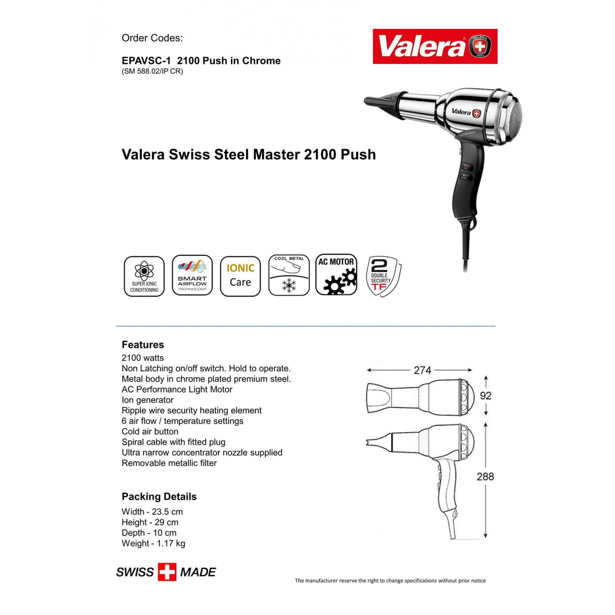 Valera Swiss Steel Master Ionic Hair Dryer 2100W | EPAVSC-1