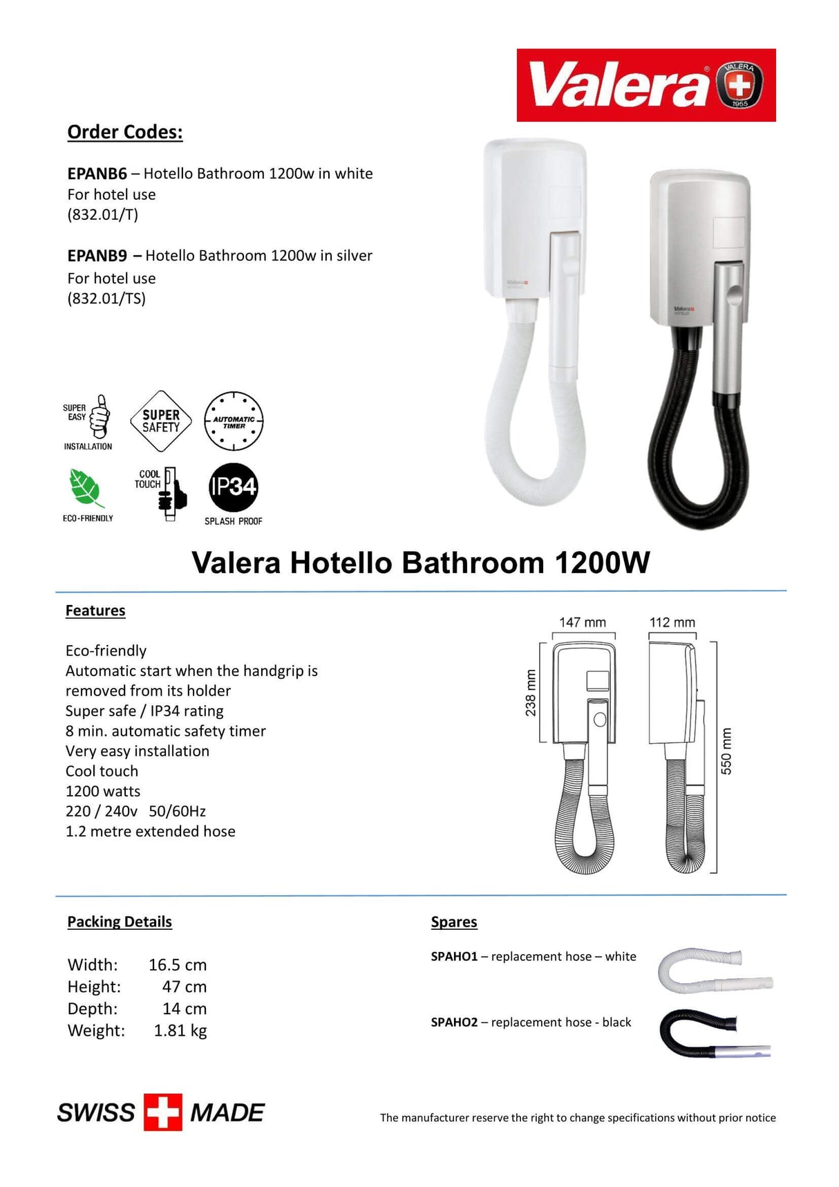 Valera Hotello Hardwired Hair Dryer IP34 1200W - EPANB6 - Hand Dryers UK™