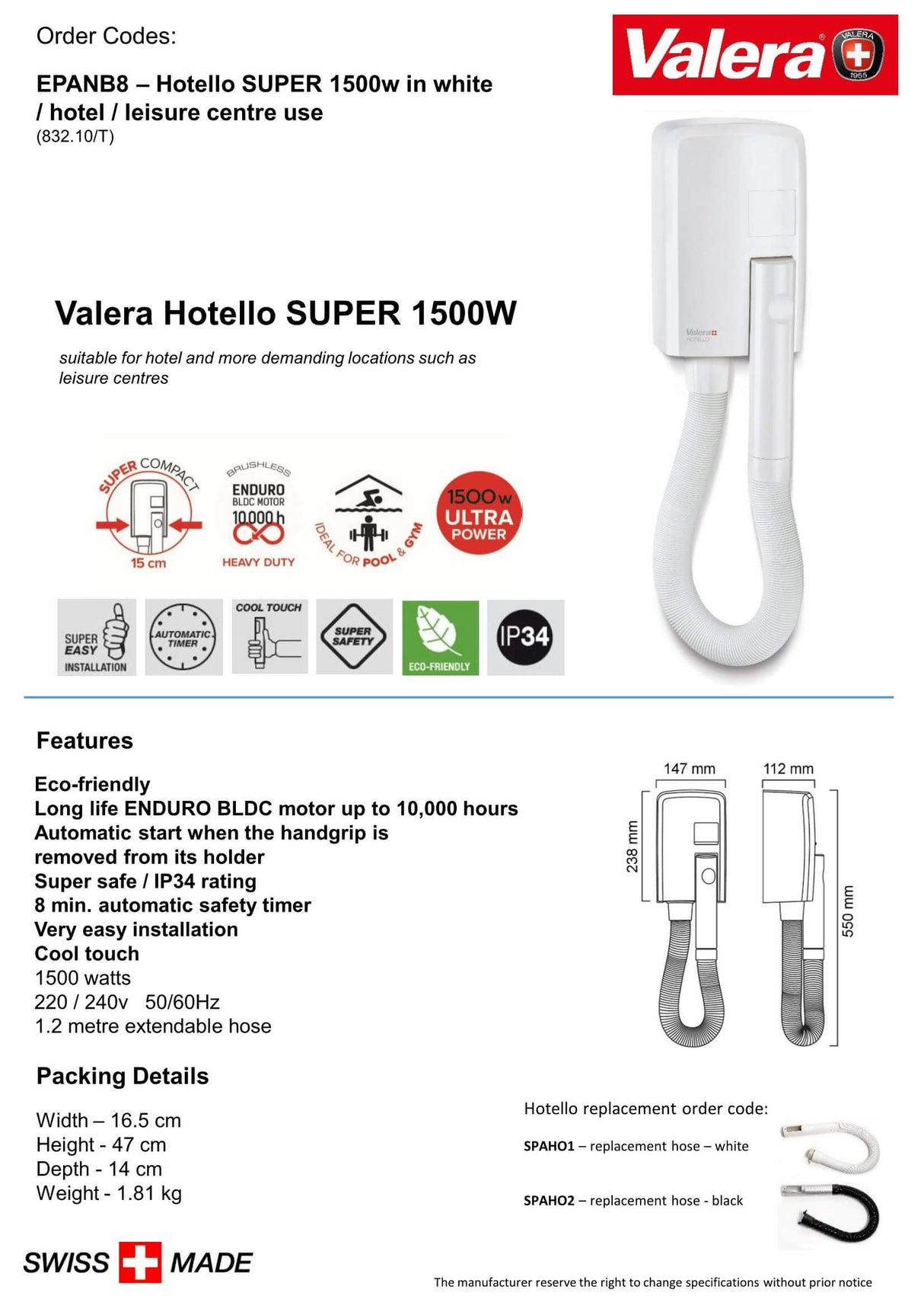 Valera Hotello Heavy Duty Hair Dryer 1500W - EPANB8-A - Hand Dryers UK™