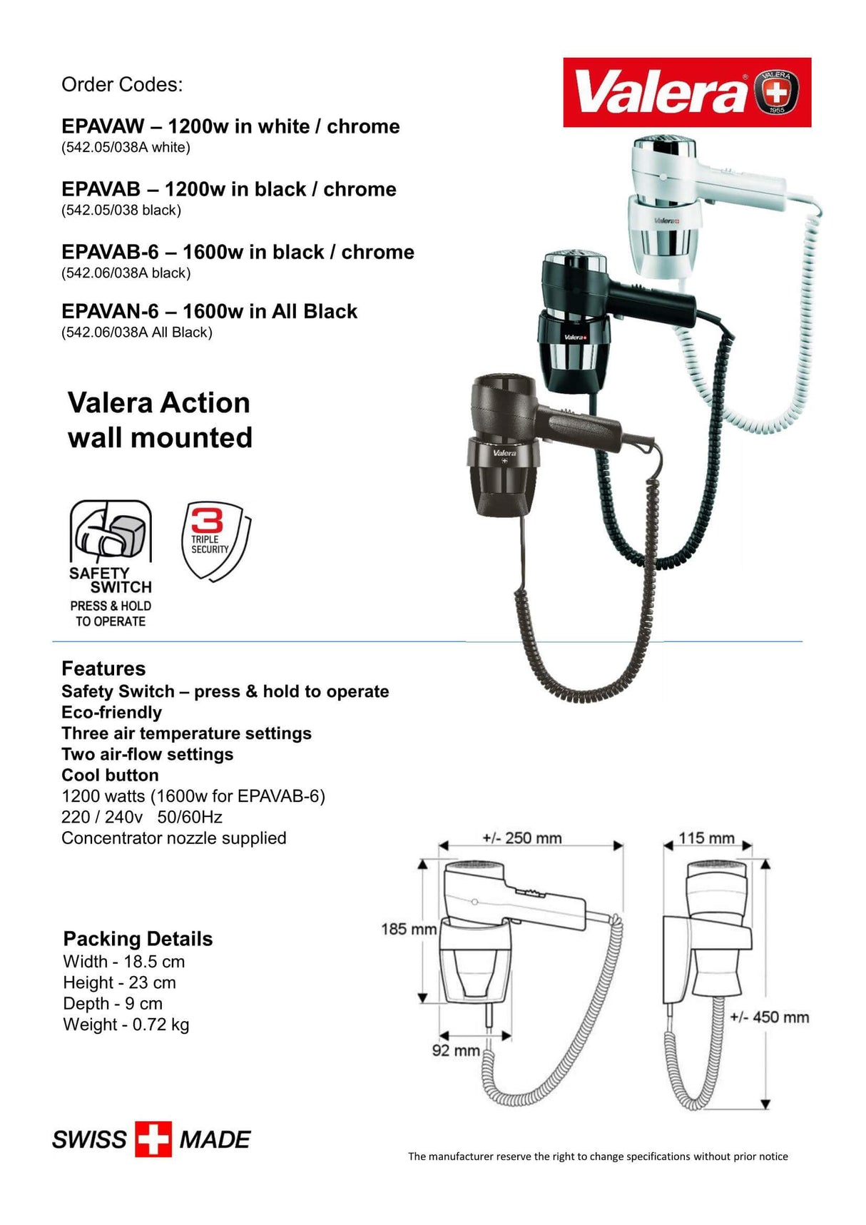 Valera Action Hotel Hair Dryer 1200W - EPAVAB - Hand Dryers UK™