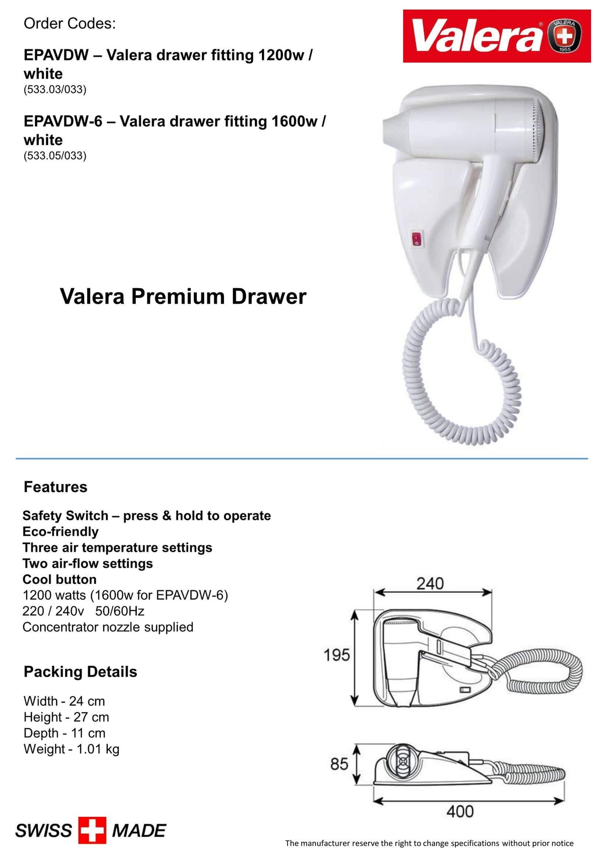 Valera Premium Drawer Mounted Hair Dryer 1200W - EPAVDW - Hand Dryers UK™