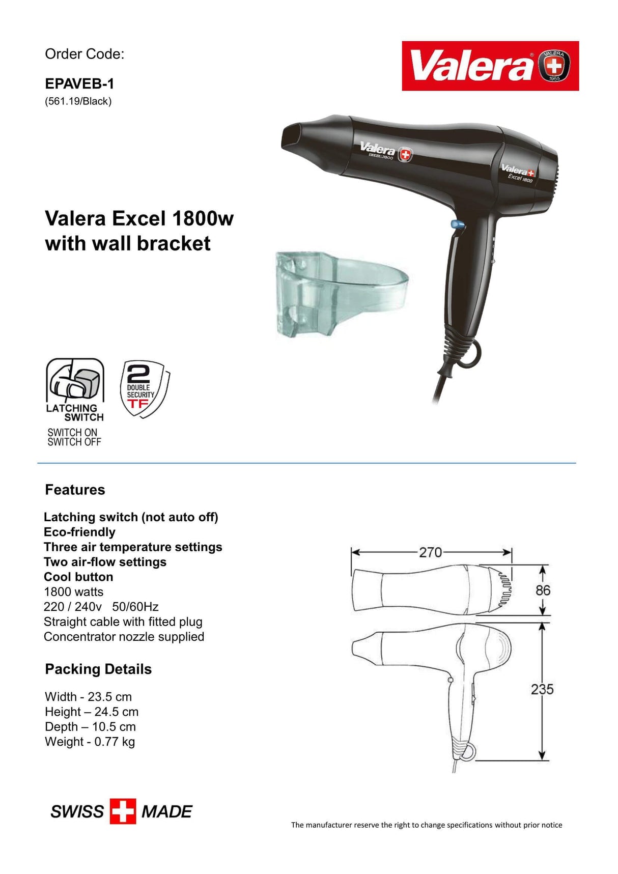 Valera Excel Hair Dryer with Wall Holder 1800W - EPAVEB-1 - Hand Dryers UK™