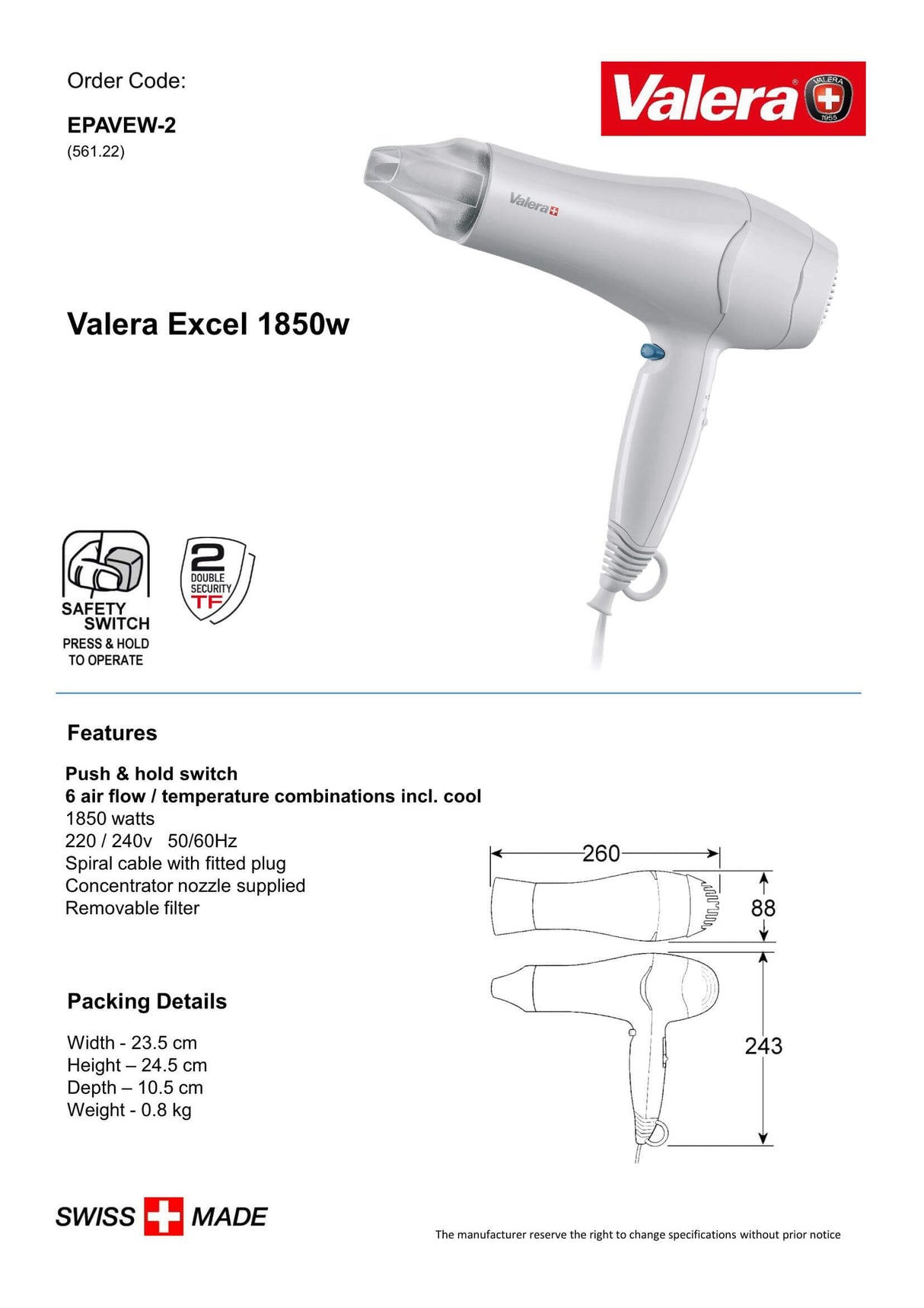 Valera Excel Hair Dryer with Removable Filter 1875W - EPAVEW-2 - Hand Dryers UK™