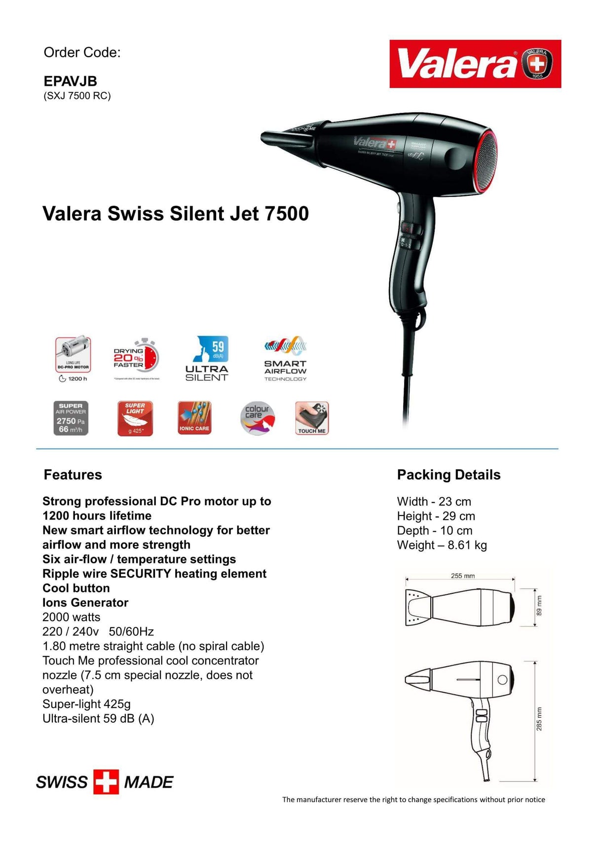 Valera Swiss Silent Jet 7500 Light Ionic Hair Dryer 2000W - EPAVJB - Hand Dryers UK™