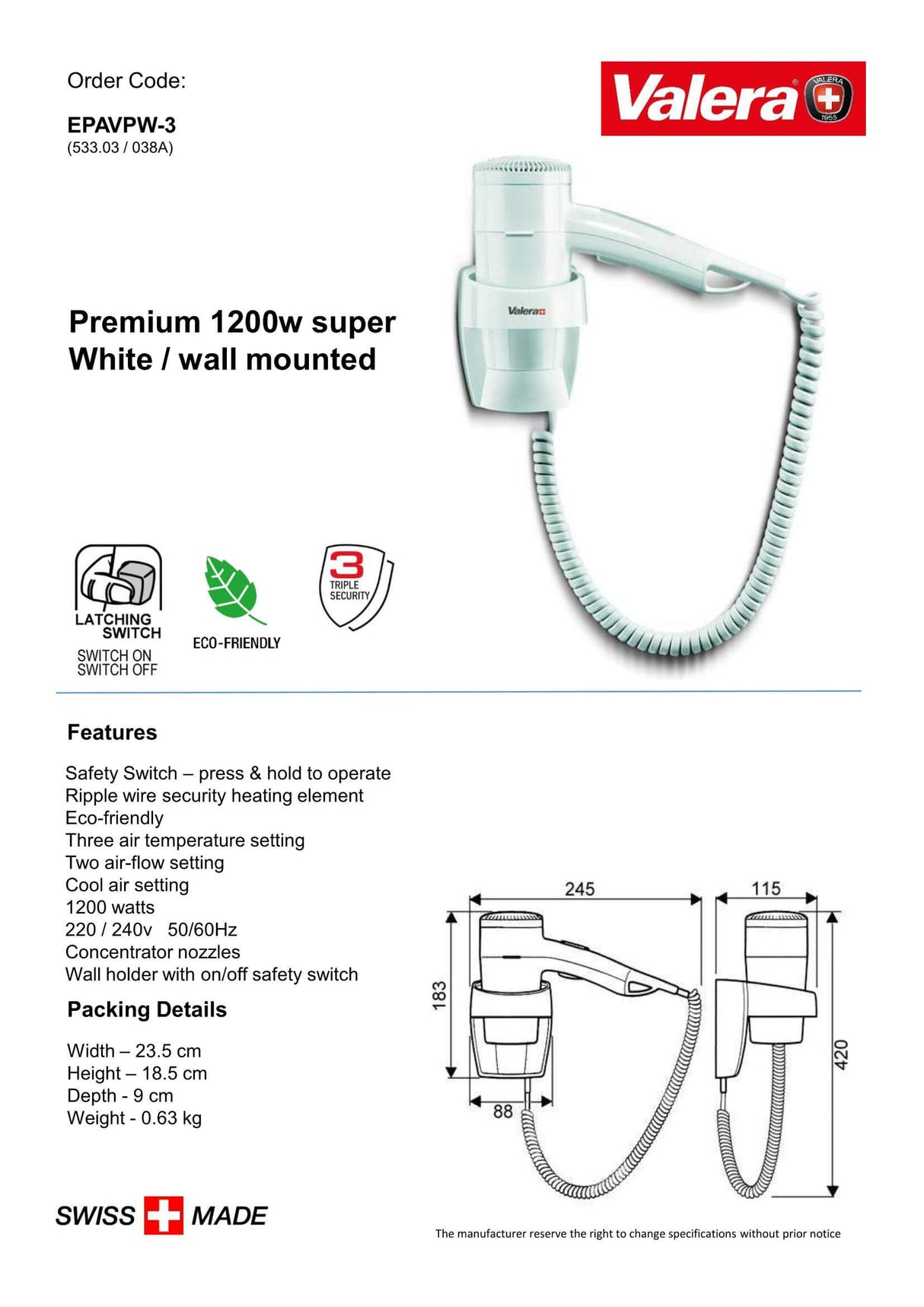 Valera Premium Wall Mounted Hair Dryer 1200W - EPAVPW-3 - Hand Dryers UK™