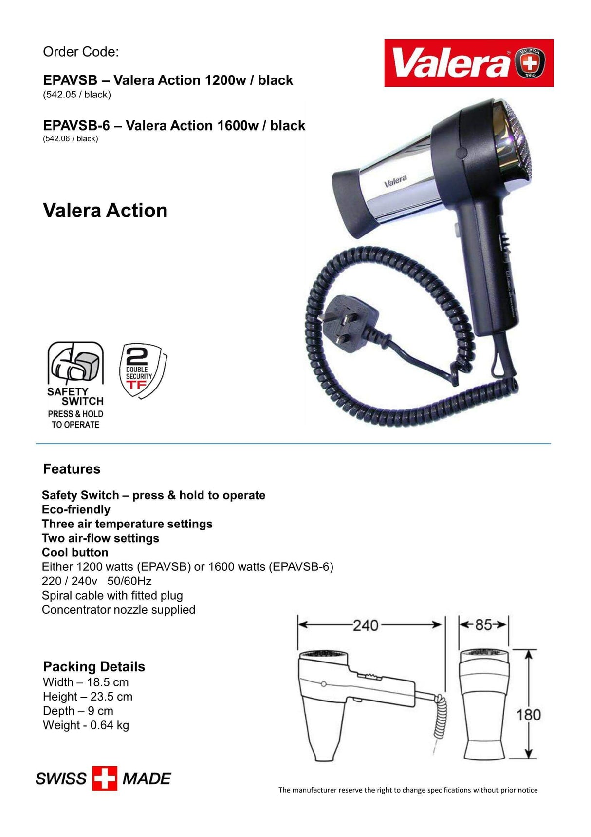 Valera Action Hand Held Hair Dryer 1200W - EPAVSB - Hand Dryers UK™