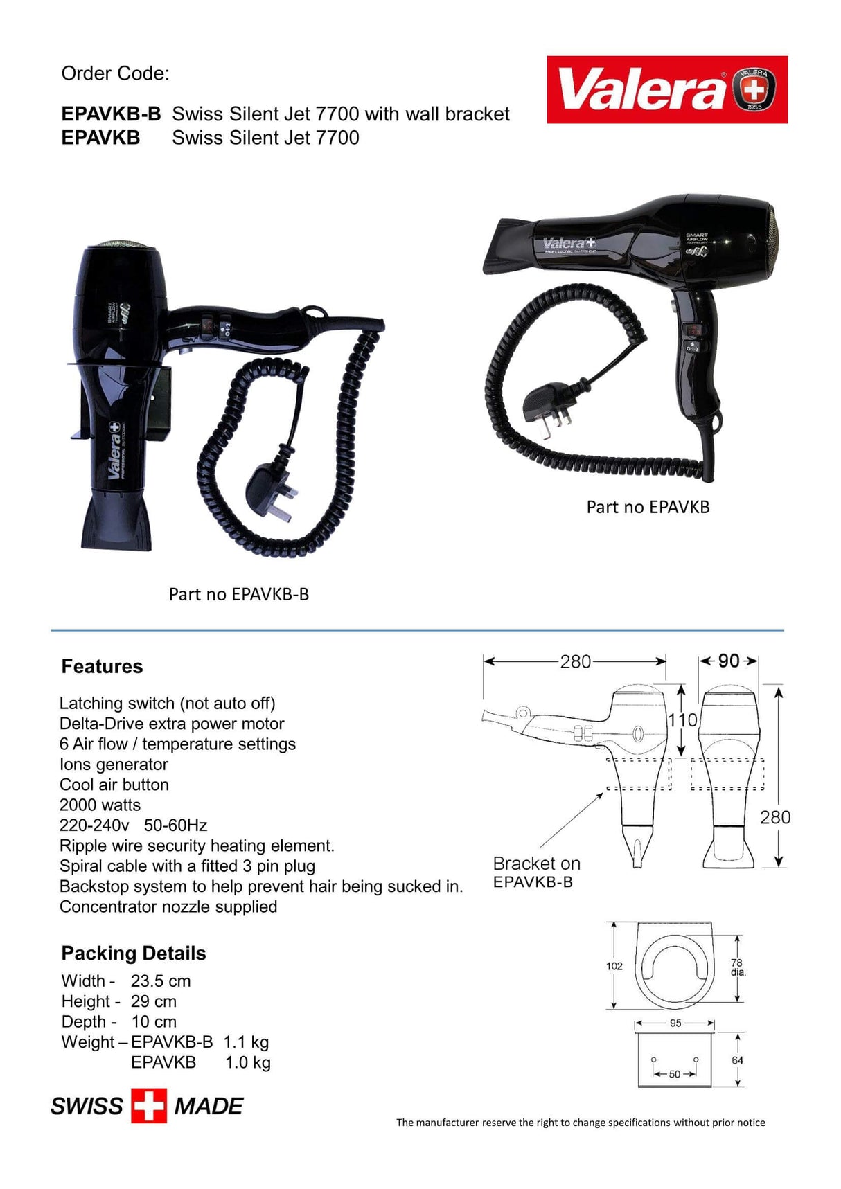 Valera Swiss Silent Jet 7700 Ion Hair Dryer with Concentrator Nozzle and Wall Bracket 2000W - EPAVKB-B - Hand Dryers UK™