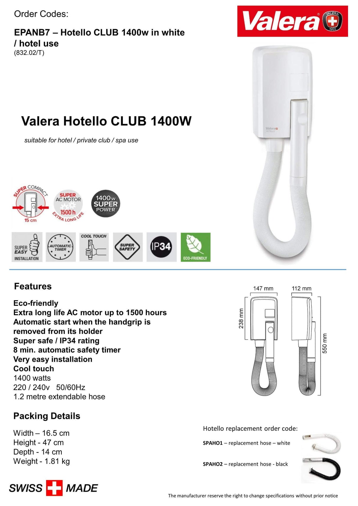 Valera Hotello Club IP34 Rated Hair Dryer 1400W - EPANB7 - Hand Dryers UK™